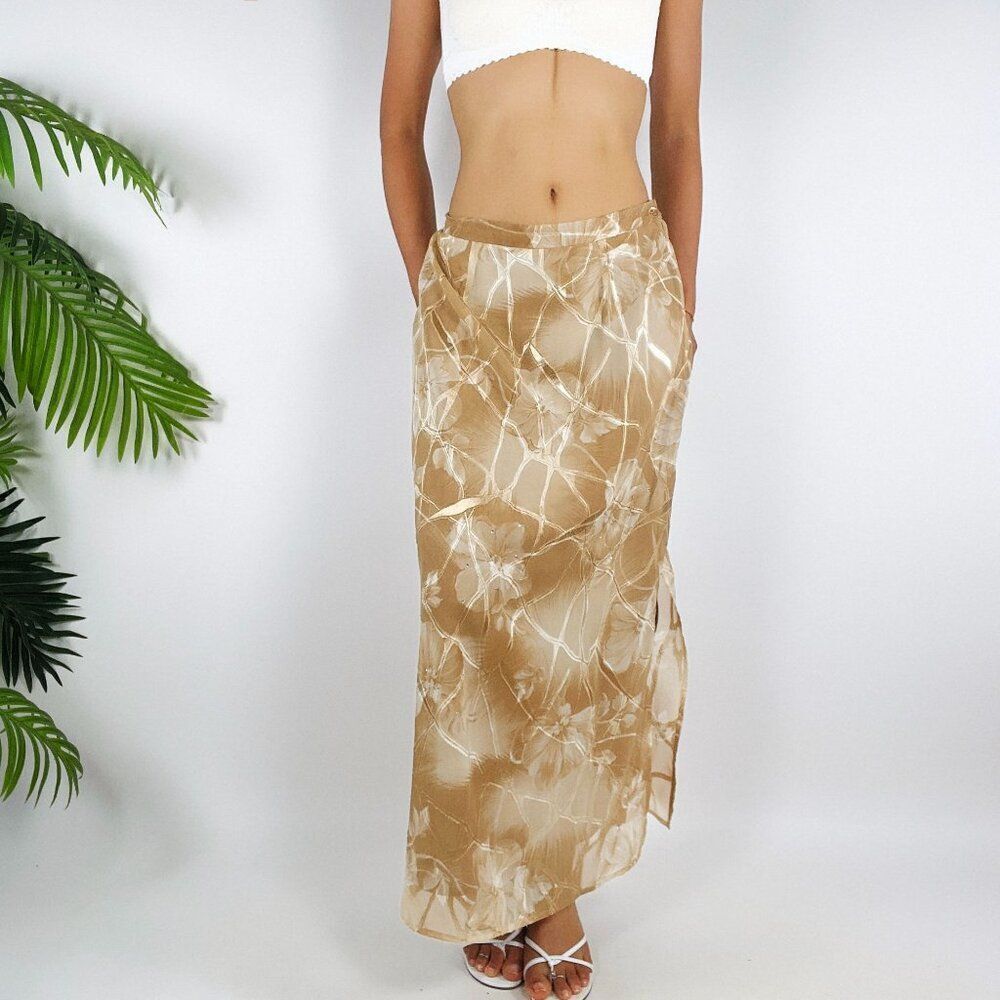 Vintage 90s Tan Floral Fairycore Low Rise Beachy Bohemian Hippie Midi Skirt / 8